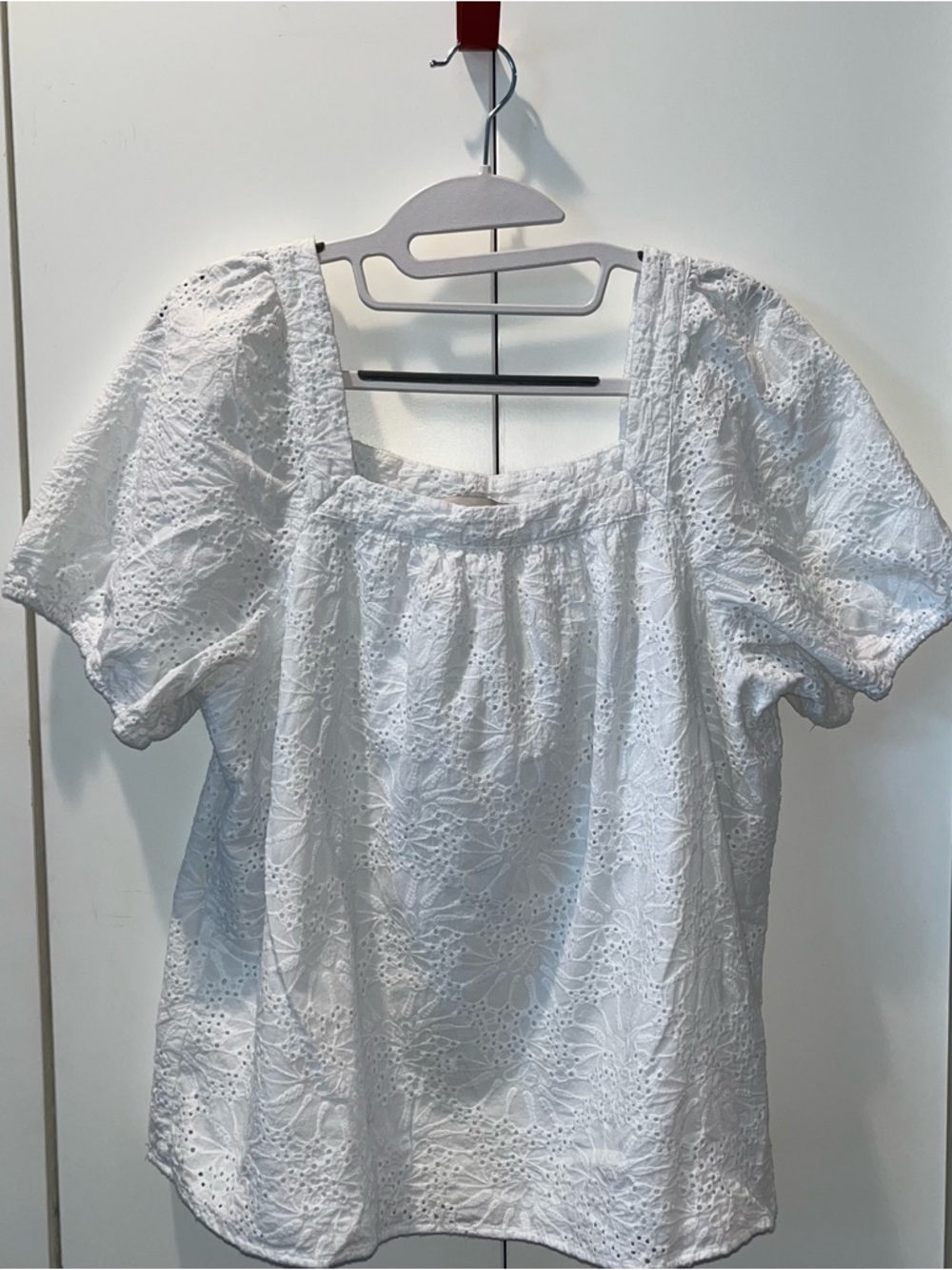 LOFT White Eyelet Puff-Sleeve Square Neck Blouse